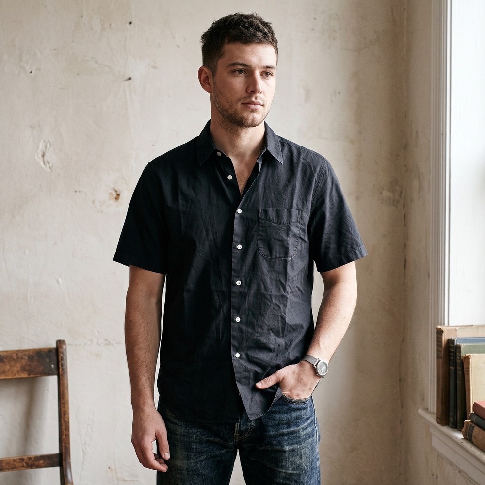 Rag & Bone Mens Shirt Large Black Cotton Linen Short Sleeve Button Up Minimalist